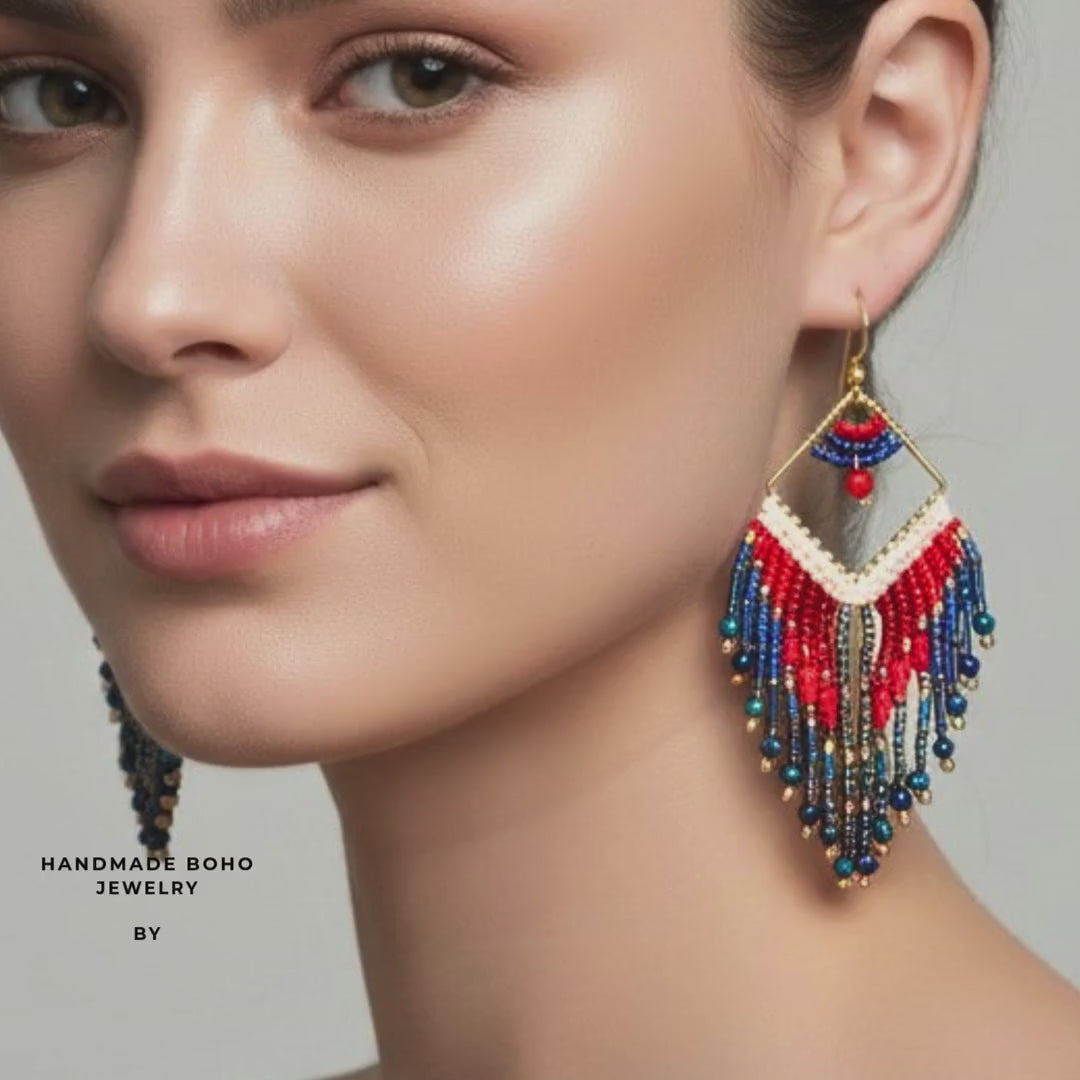 Patriotic Fringe Earrings, Red White Blue Statement Jewelry