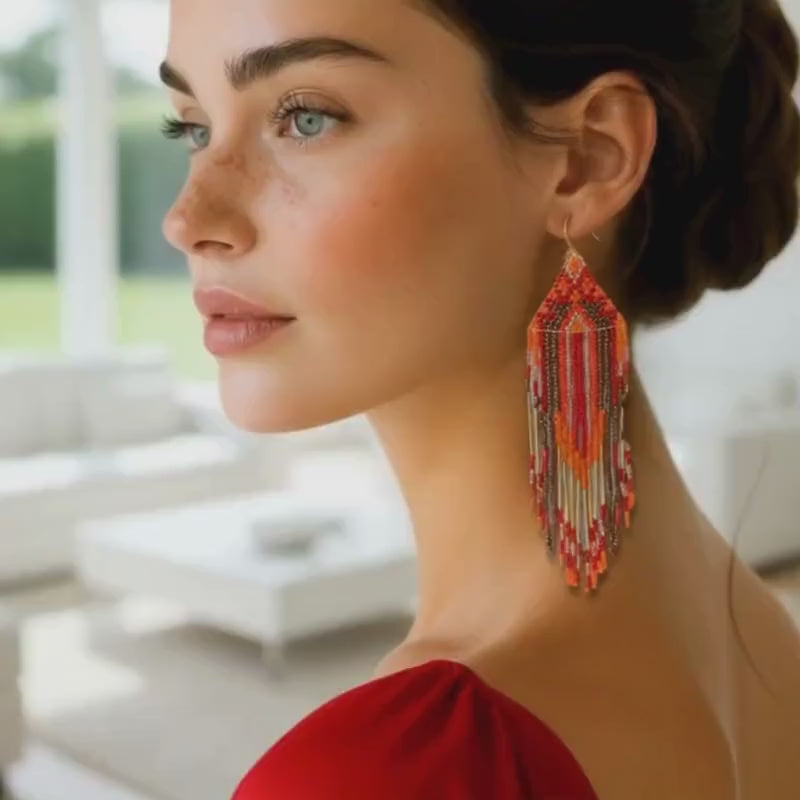 Handmade Fringe Earrings – Red, Gold and Bronze Beaded Boho Drop