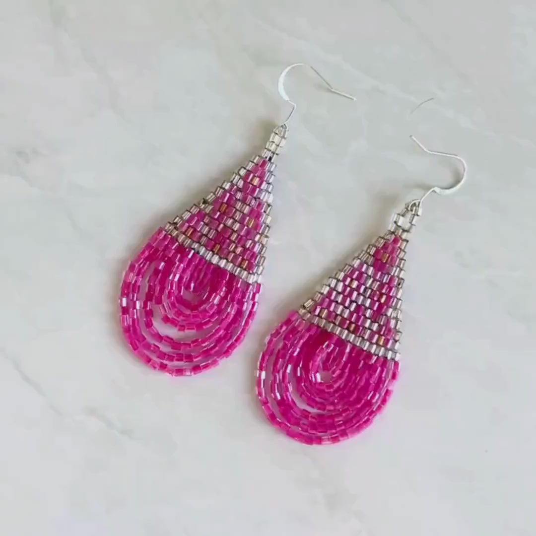 Pink Beaded Earrings, Statement Teardrop Earrings, Handmade Drop Jewelry