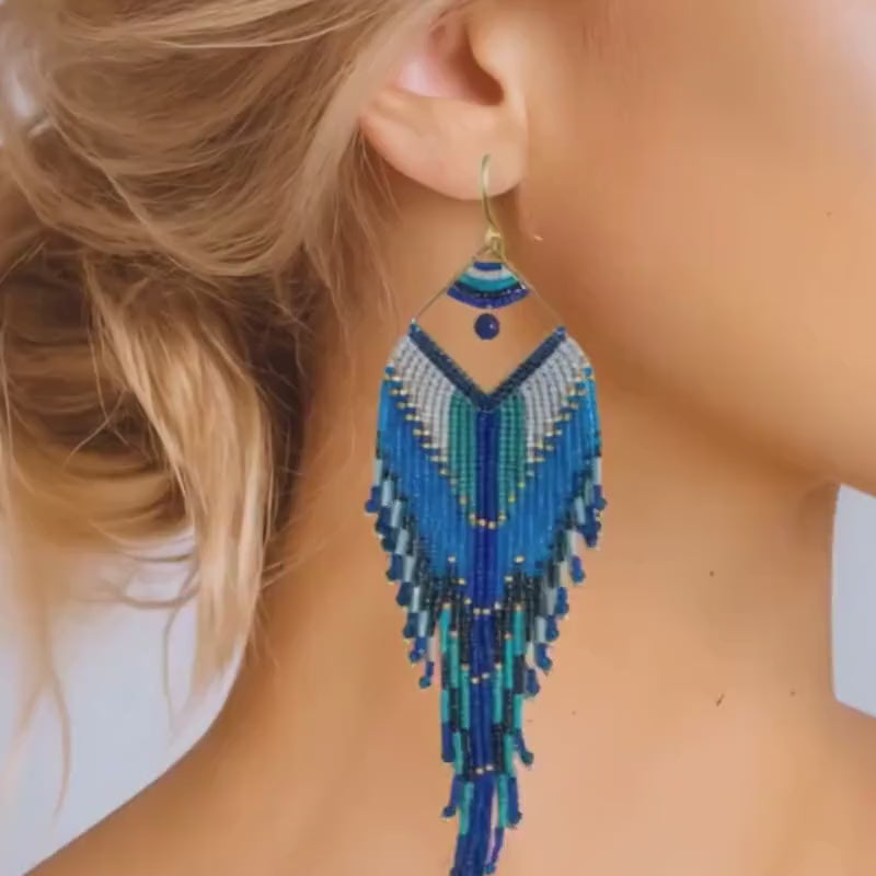Handmade Fringe Earrings – Long Turquoise and Lapis Blue Statement Dangles