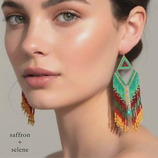 Turquoise Fringe Earrings Boho Statement Handmade Beaded Drop Dangle Gift for Her