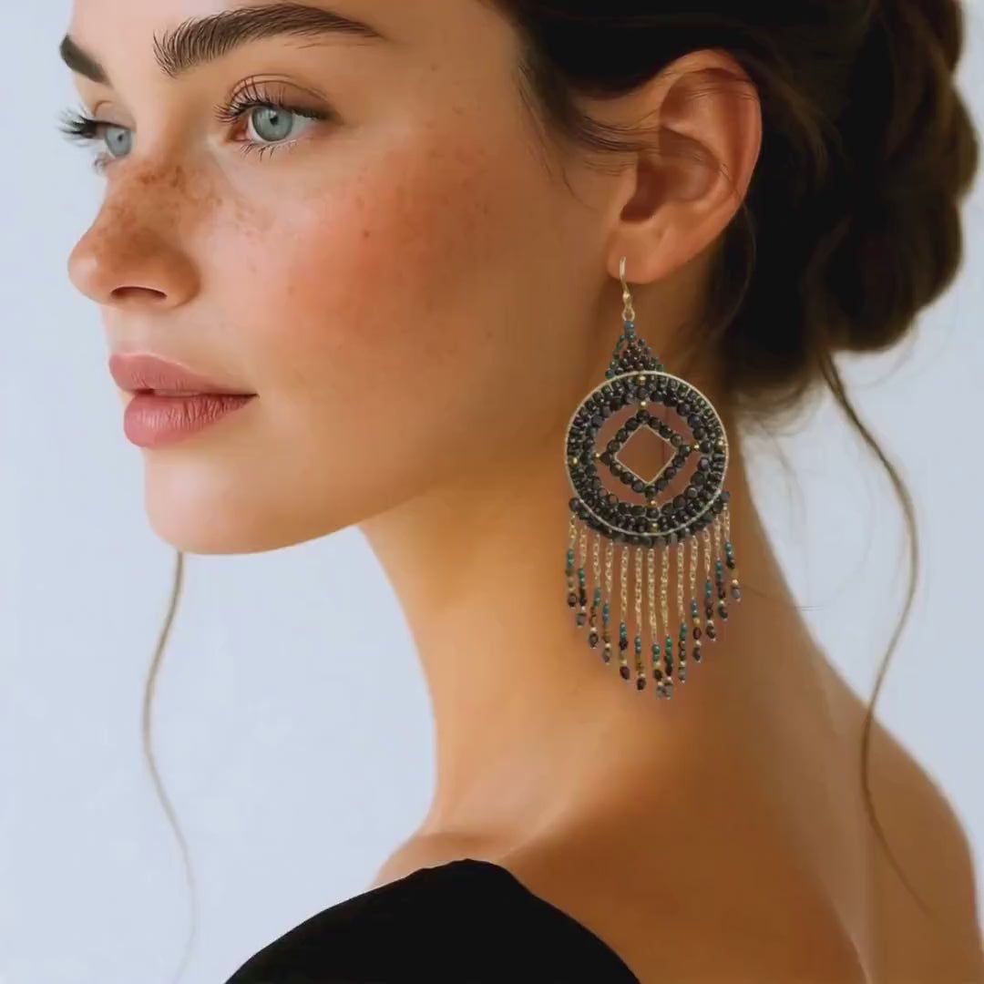 Black Beaded Evening Earrings: Gold-Plated Fringe, Art Deco Style