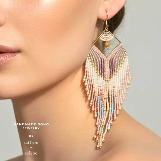 soft pastel, statement fringe earrings for cowgirl glam and boho chic style