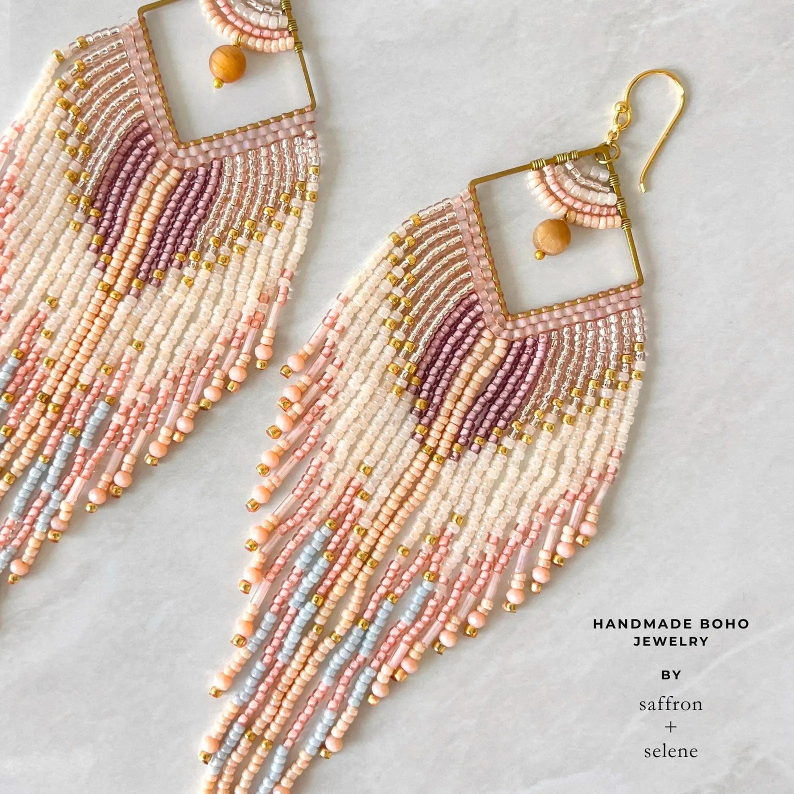 Pink pastel fringe feather earrings by Saffron and Selene Handmade Boho jewelry for women